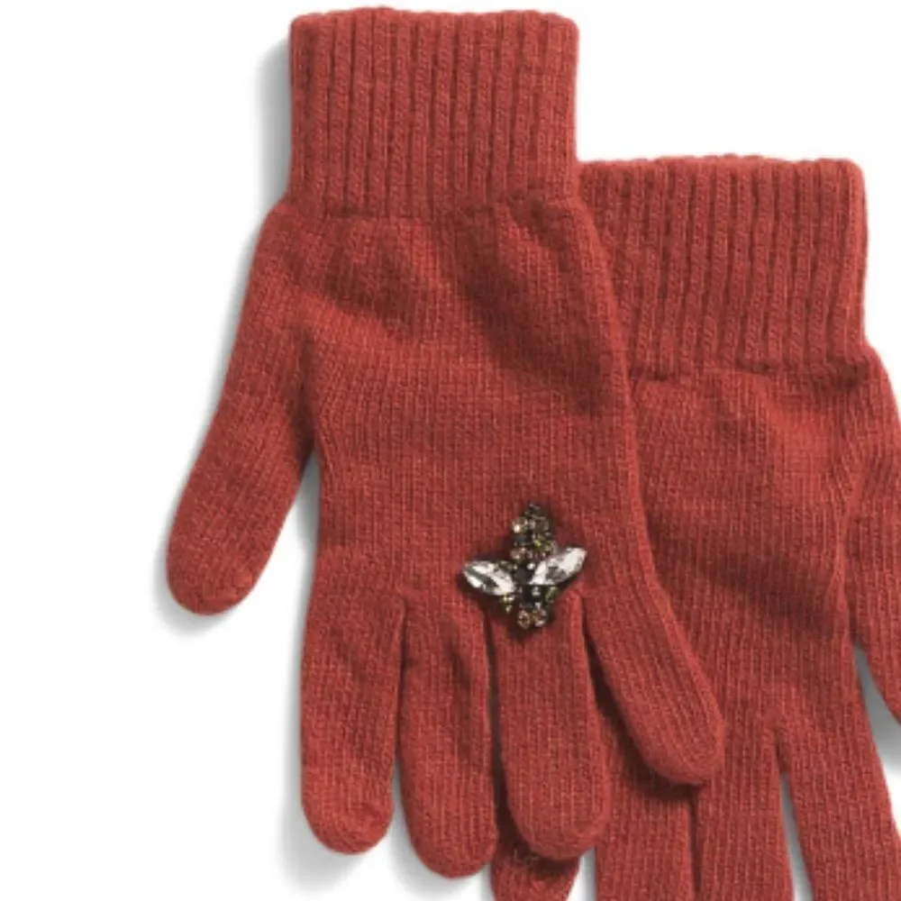 StilEstro Rust Cashmere Wool Blend Fine Knit Jeweled Ring Finger Detail Gloves
